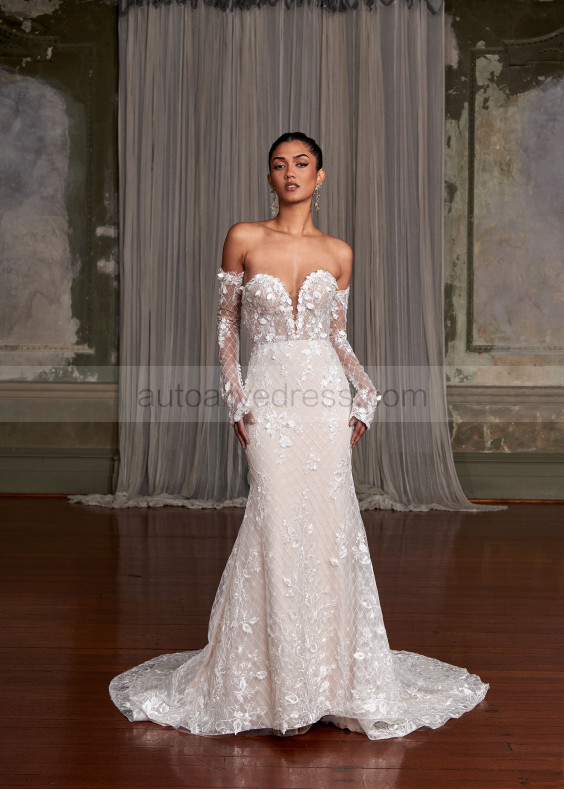 Strapless Ivory Lace Glitter Tulle Wedding Dress With Detachable Sleeves